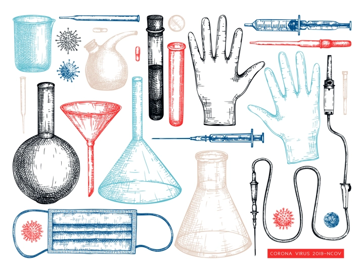 Virus vaccine vector set. Hand-sketched collection of Covid-19 vaccination illustrations with vaccine bottle, syringe injection tools, and different viruses. Vintage medical sketches